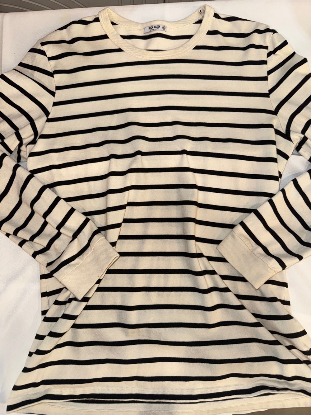 Buck Mason Cream and Black Striped Crewneck Sweater